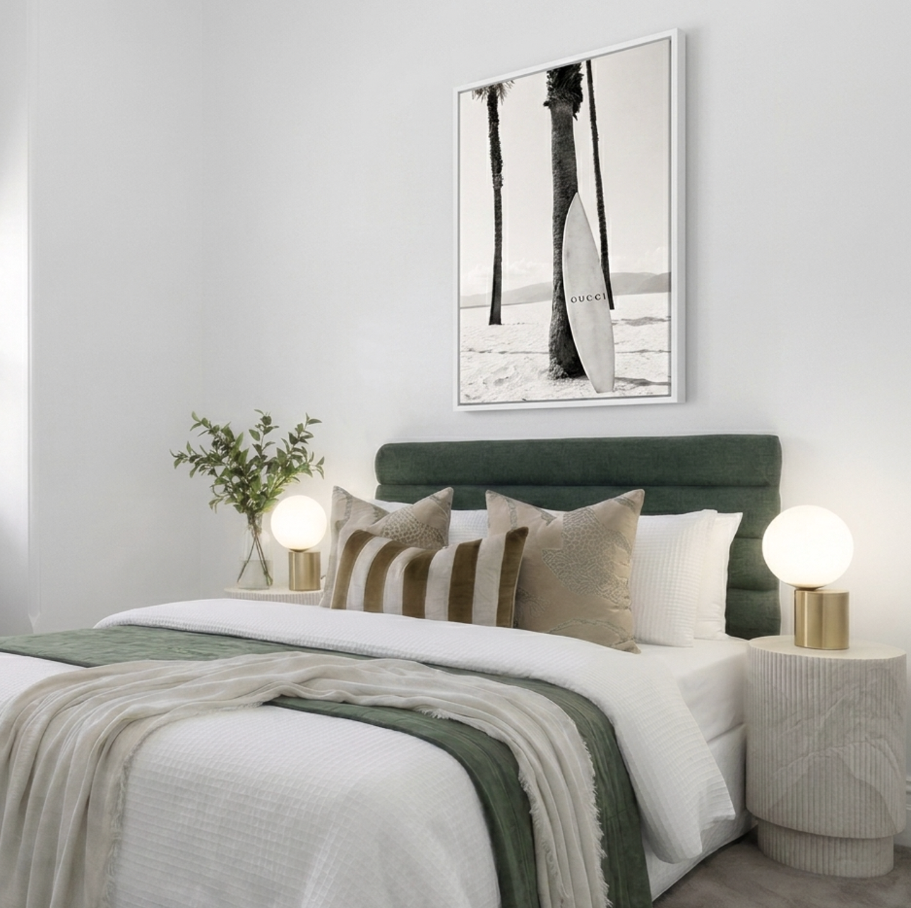 Palm Society black and white palms and surfboard coastal wall art above a bed