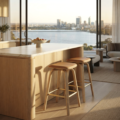 Remi Swivel Backless Tan & Oak Bar Stool - Set of Two