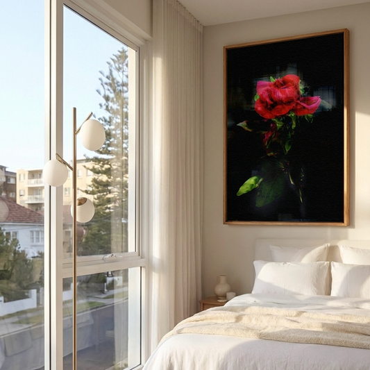 Rose Quartz single crimson rose against a dark distorted backdrop contemporary wall art