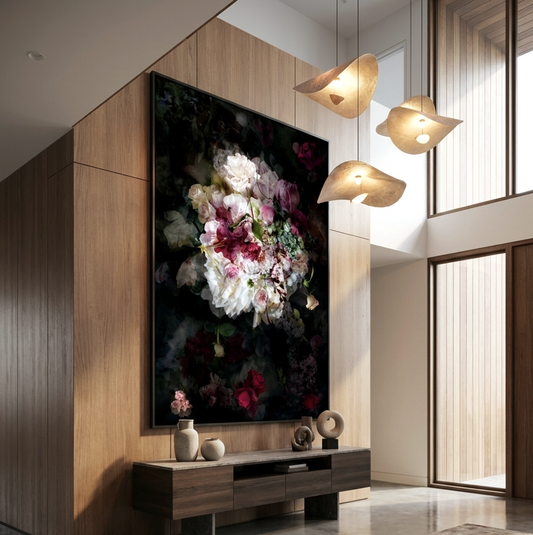 Shadow Dance cream peonies blush roses and crimson blooms against near-black shadow vertical floral wall art