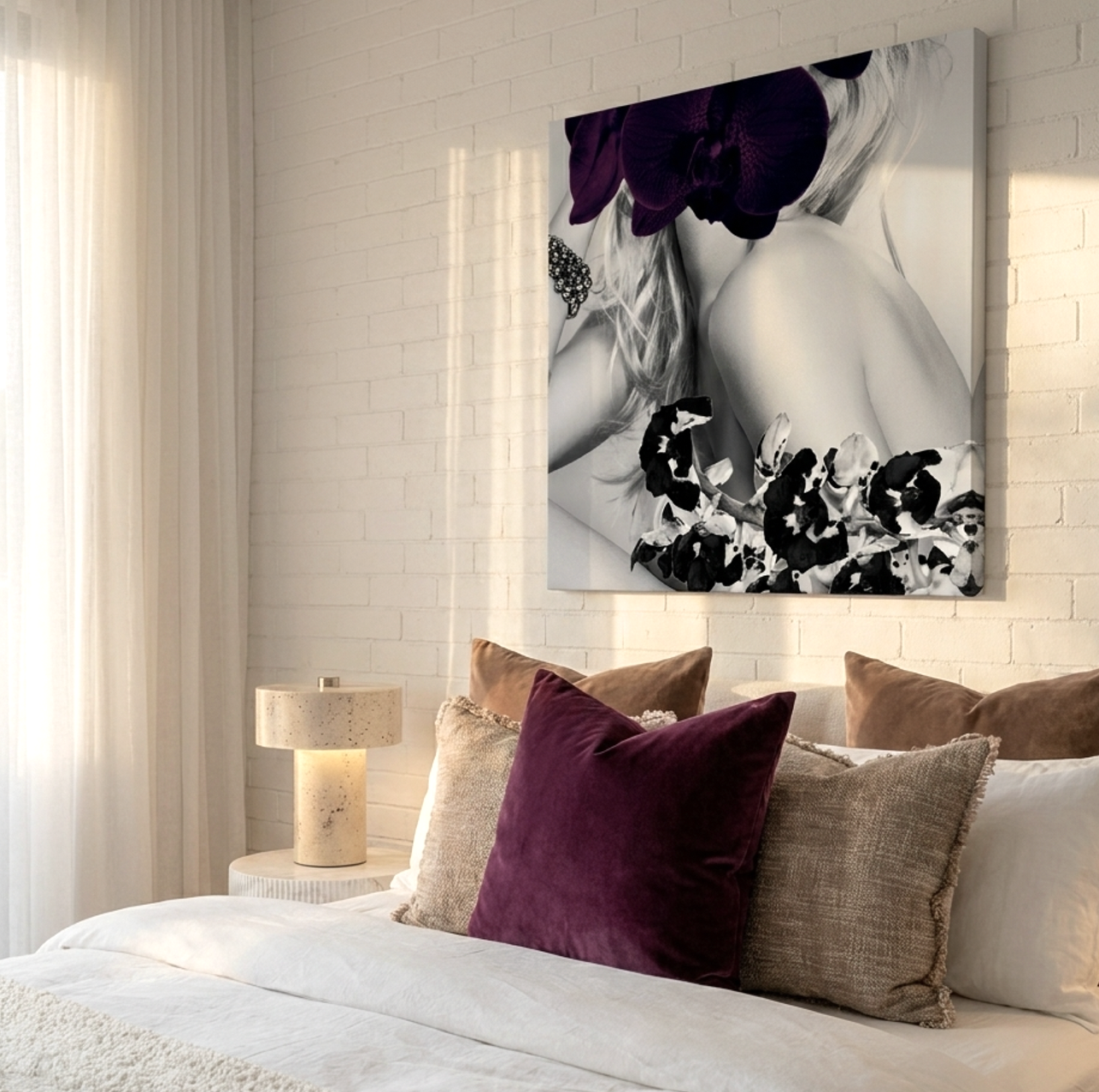 Sun Kissed monochrome figure with a deep purple bloom contemporary wall art