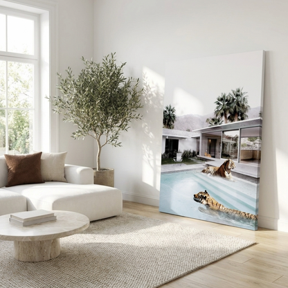 Tiger Springs tigers by a pool with palm trees framed wall art in a study