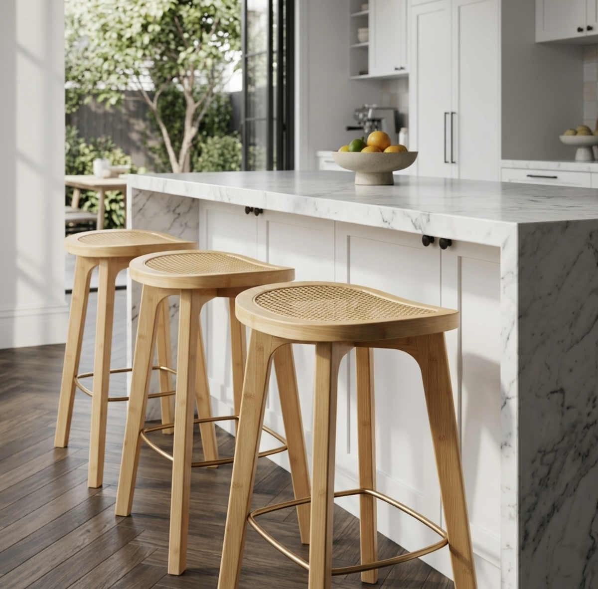 Viola rattan bar stool set of two at a white marble kitchen island, woven PVC rattan seat with bamboo frame and gold footrest