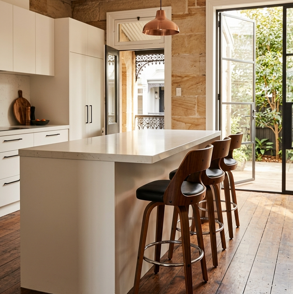 Valen walnut swivel bar stool set of two at a kitchen island, black leather seat with solid walnut-finish wood legs