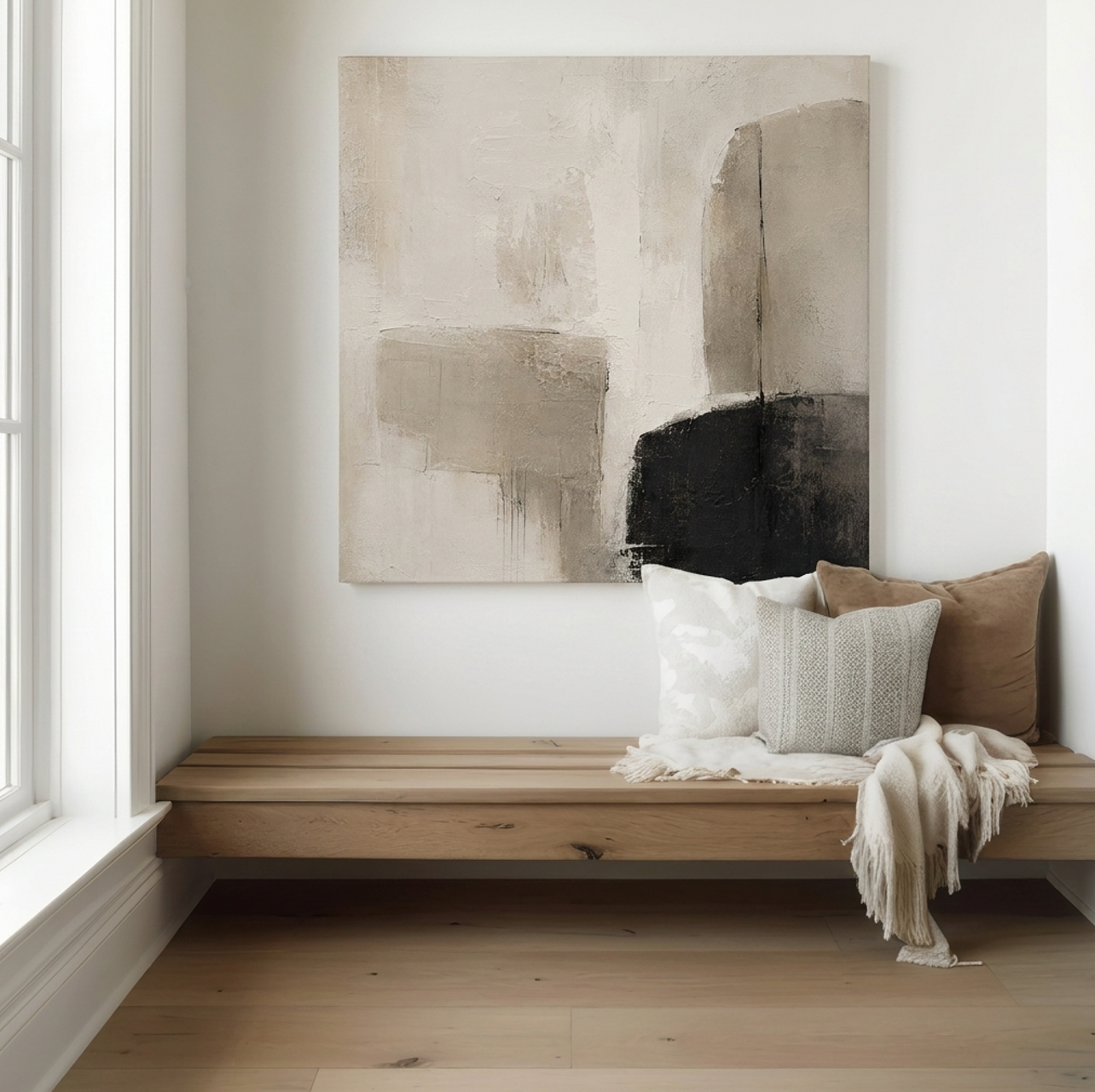 Veil soft neutral abstract wall art in greige and cream above a timber bench