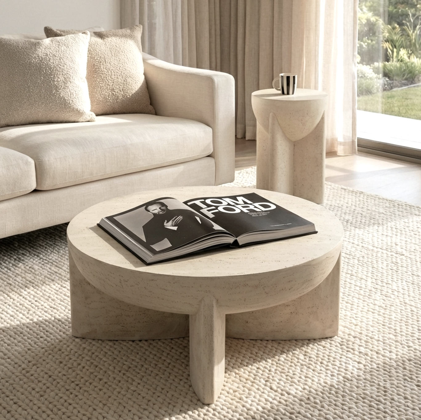 Round concrete coffee table with an open magazine on top in a living room setting.
