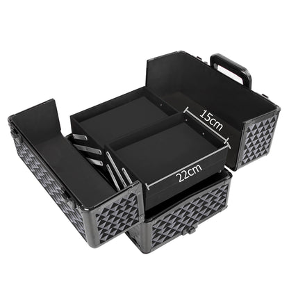 MAKEUP CASE BEAUTY TROLLEY COSMETIC ORGANISER BOX TRAVEL WHEELS - DIAMOND BLACK