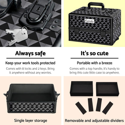 MAKEUP CASE BEAUTY TROLLEY COSMETIC ORGANISER BOX TRAVEL WHEELS - DIAMOND BLACK