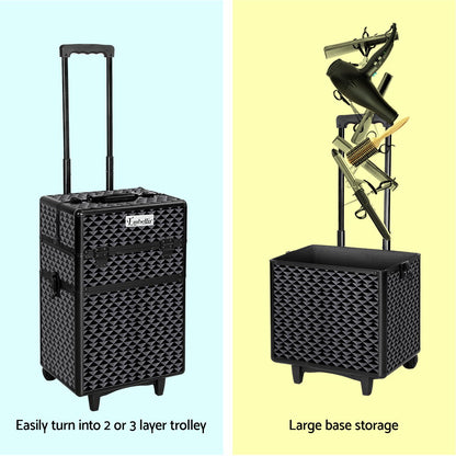 MAKEUP CASE BEAUTY TROLLEY COSMETIC ORGANISER BOX TRAVEL WHEELS - DIAMOND BLACK