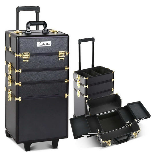 MAKEUP CASE BEAUTY TROLLEY COSMETIC ORGANISER BOX TRAVEL WHEELS - BLACK & GOLD – premium furniture by Interior Ave