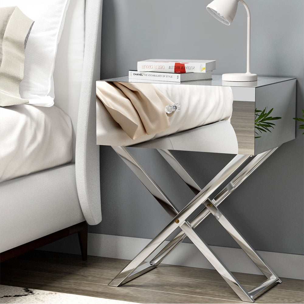 CRISS CROSS MIRRORED BEDSIDE TABLE